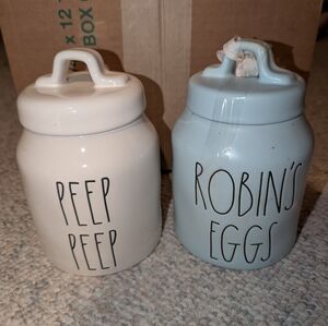 Set of 2 Rae Dunn small ceramic cookie jars - Peep Peep and Robin's Eggs